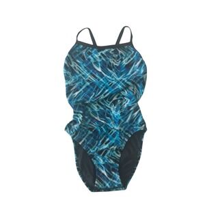 Speedo Women's Size 30 XS One Piece Swimsuit Athletic Black Blue Neon